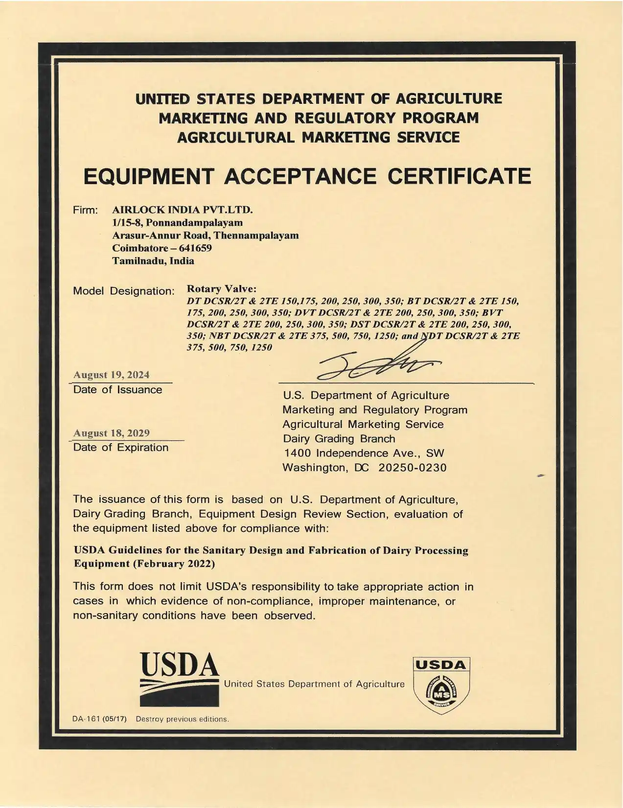 USDA cert - 2T & 2TE